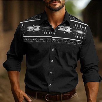 Мъжка ретро риза Етническо облекло Западна риза Племенна шарка Ретро черно сиво Меко удобно облекло с дълъг ръкав Нов стил 2024