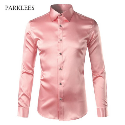 Розова копринена сатенена риза Мъжки 2017 Модни мъжки тънки смокинг ризи с дълъг ръкав Ежедневни лъскави копринени ризи с копчета