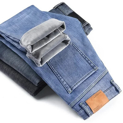 Nauji žieminiai vyriški vilnoniai džinsai Verslo laisvalaikio tamprios, plonos džinsinės kaubojiškos kelnės, vyriškos klasikinės storos šiltos kelnės