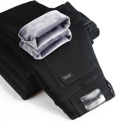 Nauji žieminiai vyriški vilnoniai džinsai Verslo laisvalaikio tamprios, plonos džinsinės kaubojiškos kelnės, vyriškos klasikinės storos šiltos kelnės