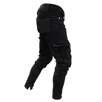 Мъжки дънки, хип-хоп, черни мотоциклетни тесни, еластични дънки със странични джобове, мъжки ежедневни панталони тип молив за джогинг, 2021 г. Нови