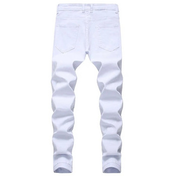 Мъжки бели дънки Модни хип-хоп скъсани кльощави мъжки дънкови панталони Slim Fit еластичен разтегнат цип Мъжки дънкови панталони с високо качество