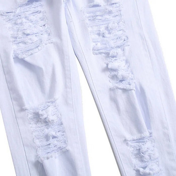 Мъжки бели дънки Модни хип-хоп скъсани кльощави мъжки дънкови панталони Slim Fit еластичен разтегнат цип Мъжки дънкови панталони с високо качество