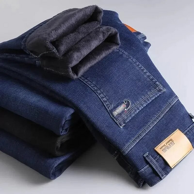 2024 Uued Meeste Mood Talveteksad Must Värv Slim Fit Stretch Paksud sametpüksid Soe Denim vabaaja fliispüksid Meeste