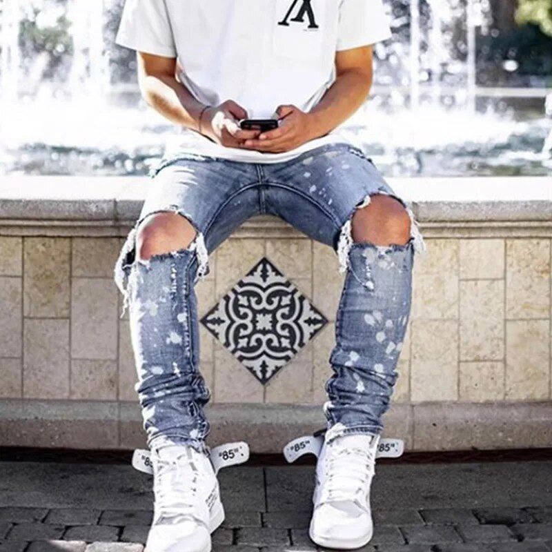 Džinsai vyrams 2022 m. gradiento spalva suplėšyti balti taškeliai Džinsai Vyriški motociklininkai Skinny Jeans Homme Vyriški drabužiai Džinsinės kelnės su užtrauktuku