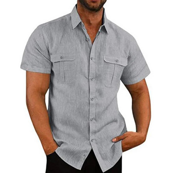 2023 Нова мъжка ежедневна блуза Памучна ленена риза Свободни топове Тениска с къс ръкав Лятна ежедневна Красива мъжка риза Мъжка тениска