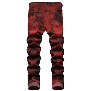 Υψηλής ποιότητας Slim-fit τζιν για άνδρες Tie-dye Snow Wash Τούβλο κόκκινο τζιν ίσιο παντελόνι Streetwear Fashion Casual παντελόνι