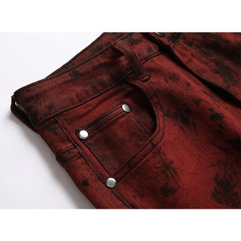 Υψηλής ποιότητας Slim-fit τζιν για άνδρες Tie-dye Snow Wash Τούβλο κόκκινο τζιν ίσιο παντελόνι Streetwear Fashion Casual παντελόνι