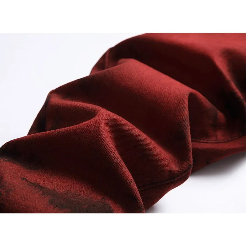 Υψηλής ποιότητας Slim-fit τζιν για άνδρες Tie-dye Snow Wash Τούβλο κόκκινο τζιν ίσιο παντελόνι Streetwear Fashion Casual παντελόνι