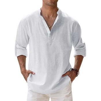 2023 Νέο ανδρικό λινό μακρυμάνικο πουκάμισο αναπνέον μονόχρωμο casual Basic βαμβακερό λινό πουκάμισο S-5XL