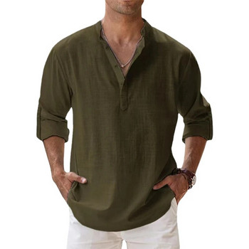 2023 Нова мъжка ленена дишаща риза с дълъг ръкав Едноцветна ежедневна основна памучна ленена риза Горнища S-5XL