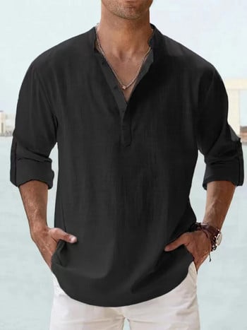 2023 Νέο ανδρικό λινό μακρυμάνικο πουκάμισο αναπνέον μονόχρωμο casual Basic βαμβακερό λινό πουκάμισο S-5XL