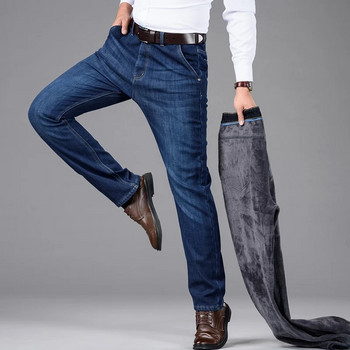 Класически стил Зимни мъжки топли бизнес дънки Модни ежедневни дънкови еластични памучни дебели поларени дънкови панталони Мъжки маркови панталони