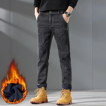 Поларени мъжки дънки с джобен дизайн Модни дебели корейски класически модни тънки плюшени панталони Мъжки ежедневни едноцветни дънкови панталони