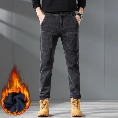 Kišeninio dizaino vilnos vyriški džinsai madingi stori korėjietiški klasikiniai madingi ploni pliušiniai kelnės vyriškos laisvalaikio vienspalvės džinsinės kelnės