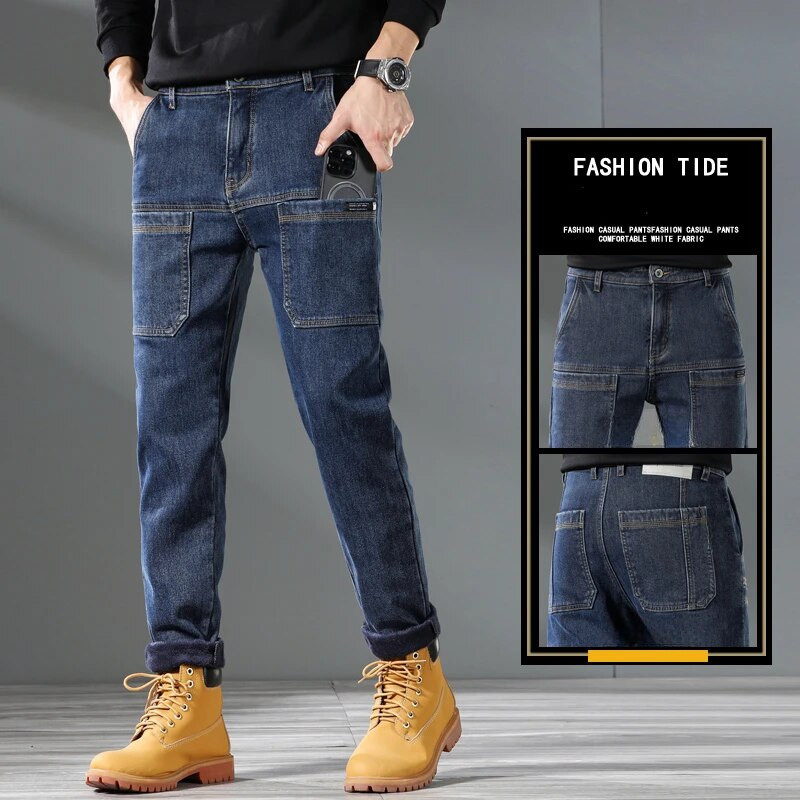 Kišeninio dizaino vilnos vyriški džinsai madingi stori korėjietiški klasikiniai madingi ploni pliušiniai kelnės vyriškos laisvalaikio vienspalvės džinsinės kelnės