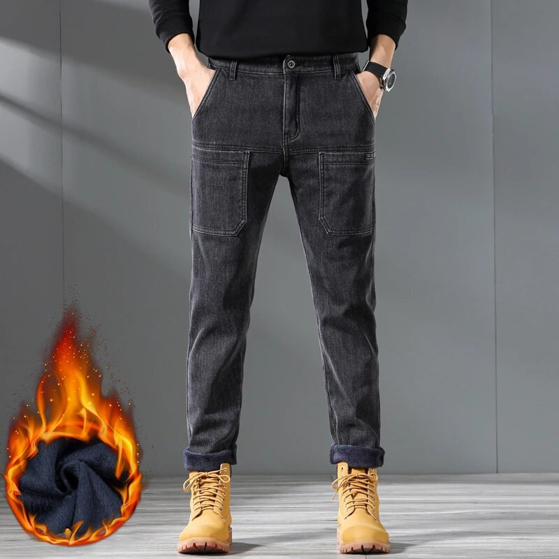 Kišeninio dizaino vilnos vyriški džinsai madingi stori korėjietiški klasikiniai madingi ploni pliušiniai kelnės vyriškos laisvalaikio vienspalvės džinsinės kelnės