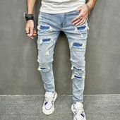 Noi bărbați găuri ocazional blugi skinny pantaloni Streetwear bărbați stilați rupti solidi hip hop pantaloni subțiri denim