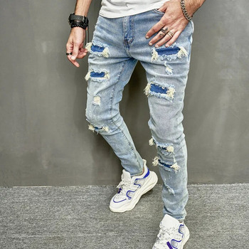 Нови мъжки ежедневни тесни дънки с дупки Панталони Streetwear Мъжки стилни скъсани плътни хип-хоп тънки дънкови панталони