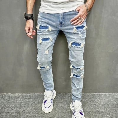 Noi bărbați găuri ocazional blugi skinny pantaloni Streetwear bărbați stilați rupti solidi hip hop pantaloni subțiri denim
