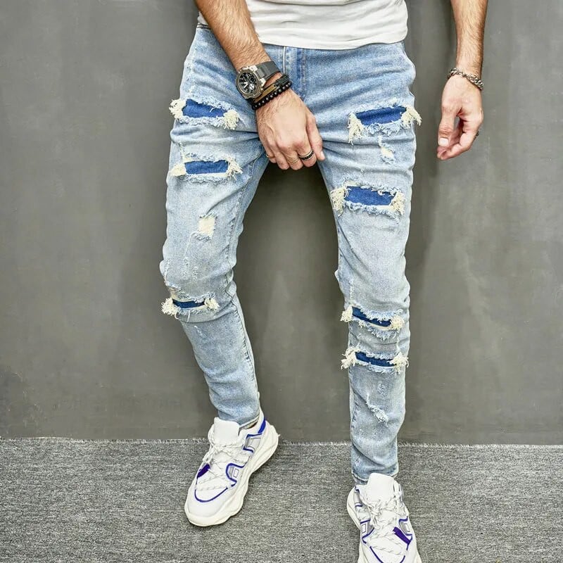 Noi bărbați găuri ocazional blugi skinny pantaloni Streetwear bărbați stilați rupti solidi hip hop pantaloni subțiri denim
