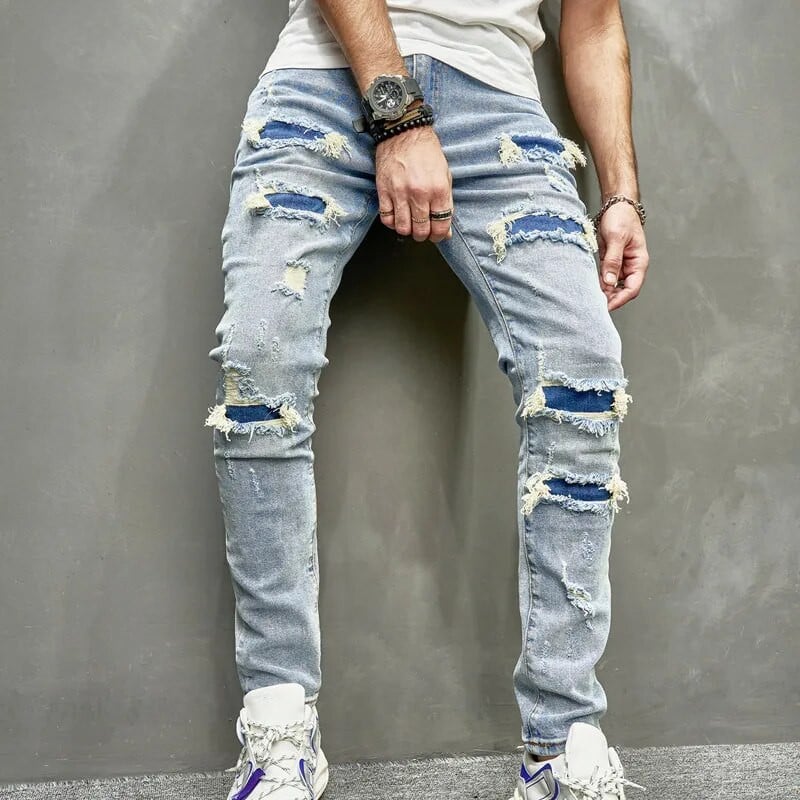 Noi bărbați găuri ocazional blugi skinny pantaloni Streetwear bărbați stilați rupti solidi hip hop pantaloni subțiri denim