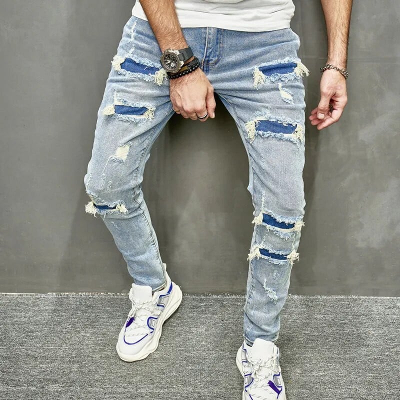 Noi bărbați găuri ocazional blugi skinny pantaloni Streetwear bărbați stilați rupti solidi hip hop pantaloni subțiri denim