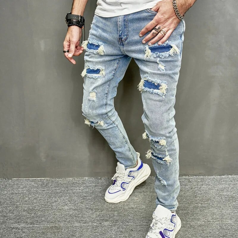 Noi bărbați găuri ocazional blugi skinny pantaloni Streetwear bărbați stilați rupti solidi hip hop pantaloni subțiri denim