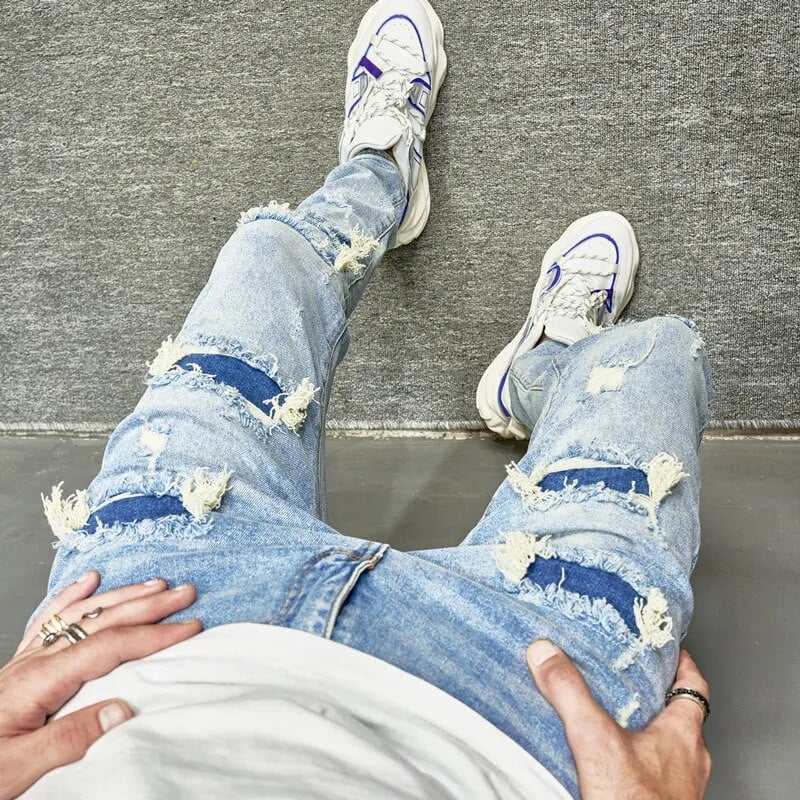 Noi bărbați găuri ocazional blugi skinny pantaloni Streetwear bărbați stilați rupti solidi hip hop pantaloni subțiri denim