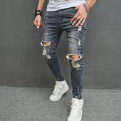 New Men Stylish Skinny Pencil Τζιν παντελόνι Streetwear Ανδρικό Hip Hop Holes Stretch Λεπτό τζιν παντελόνι