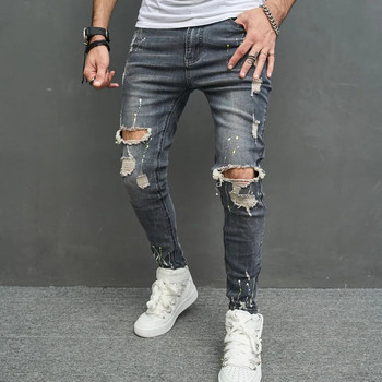 Нови мъжки стилни скъсани тесни дънки тип молив Улично облекло Мъжки хип-хоп дупки Еластичен тънък дънков панталон