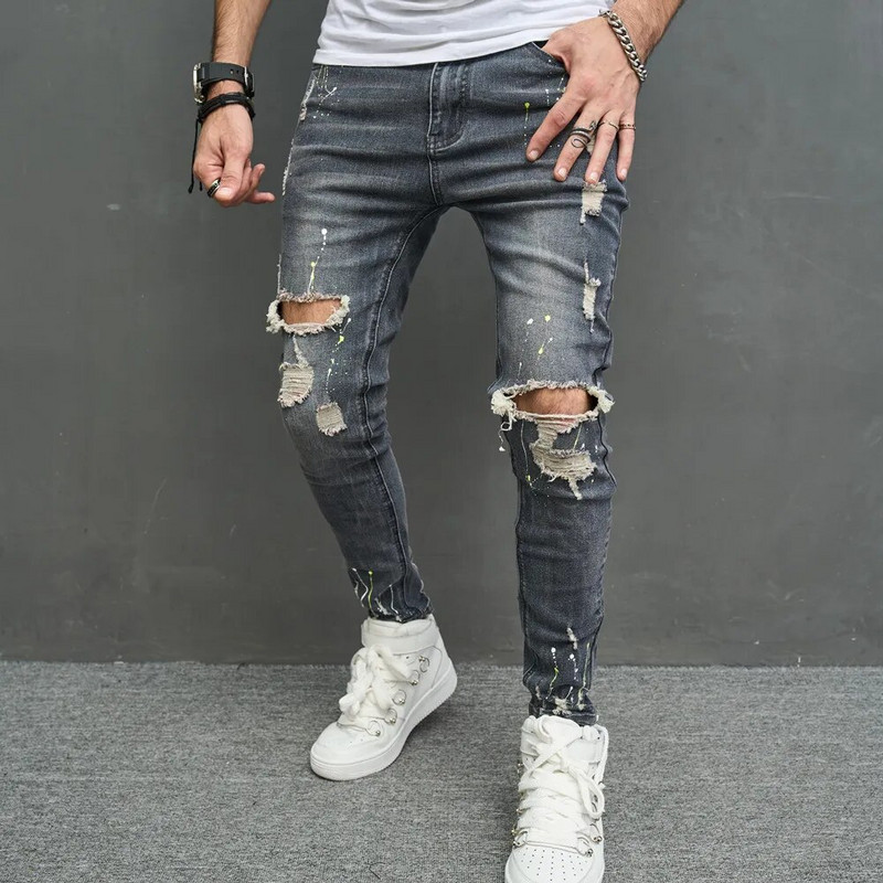 New Men Stylish Skinny Pencil Τζιν παντελόνι Streetwear Ανδρικό Hip Hop Holes Stretch Λεπτό τζιν παντελόνι