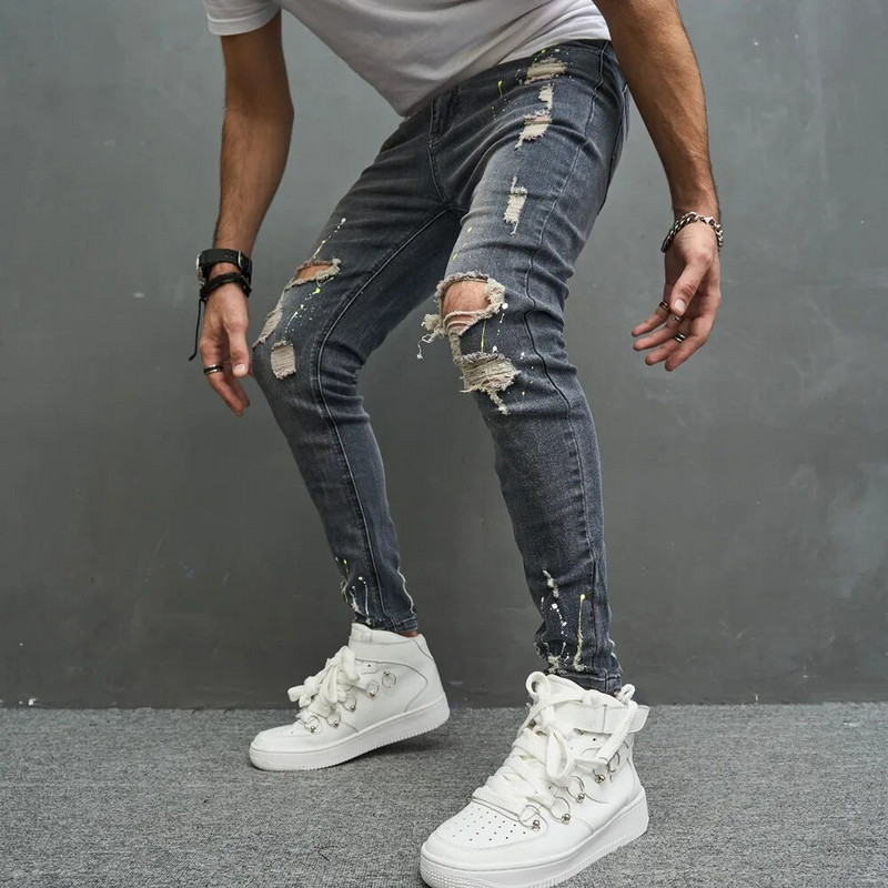 New Men Stylish Skinny Pencil Τζιν παντελόνι Streetwear Ανδρικό Hip Hop Holes Stretch Λεπτό τζιν παντελόνι
