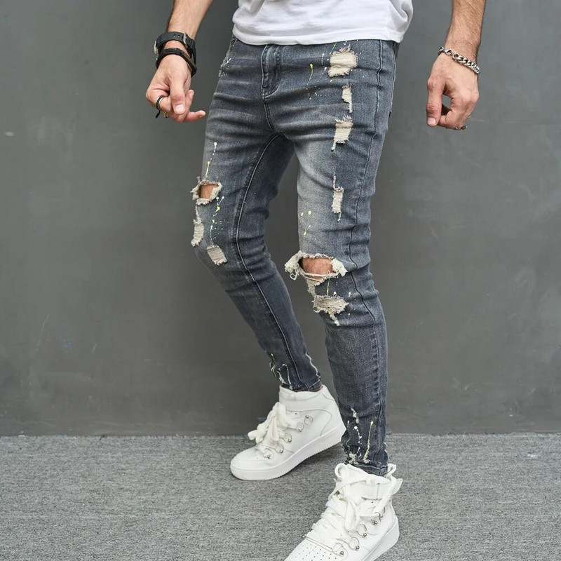 New Men Stylish Skinny Pencil Τζιν παντελόνι Streetwear Ανδρικό Hip Hop Holes Stretch Λεπτό τζιν παντελόνι