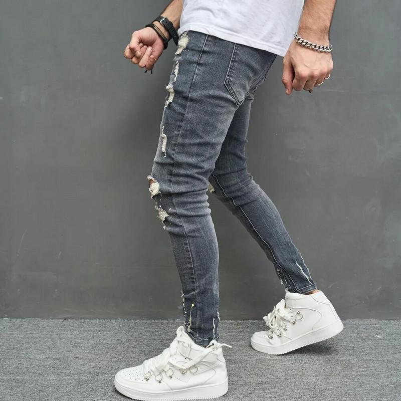 New Men Stylish Skinny Pencil Τζιν παντελόνι Streetwear Ανδρικό Hip Hop Holes Stretch Λεπτό τζιν παντελόνι