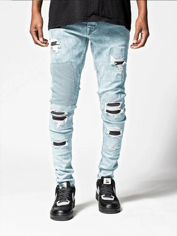 Мъжки тесни скъсани дънки Streetwear Fashion Beggar Patch Мъжки панталони тип молив Сиви/сини тънки дънкови панталони Ежедневни дънки за мъже