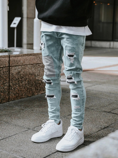 Ανδρικά Skinny Ripped Jeans Streetwear Fashion Beggar Patch Men Pencil Παντελόνι Γκρι/Μπλε λεπτό τζιν Παντελόνι Casual Jeans για άνδρες