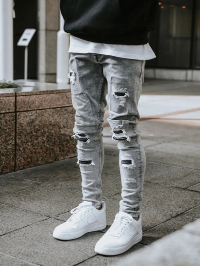 Ανδρικά Skinny Ripped Jeans Streetwear Fashion Beggar Patch Men Pencil Παντελόνι Γκρι/Μπλε λεπτό τζιν Παντελόνι Casual Jeans για άνδρες