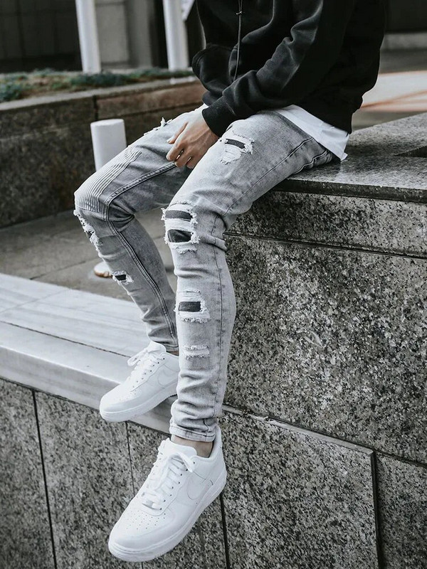 Ανδρικά Skinny Ripped Jeans Streetwear Fashion Beggar Patch Men Pencil Παντελόνι Γκρι/Μπλε λεπτό τζιν Παντελόνι Casual Jeans για άνδρες