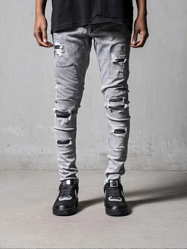 Ανδρικά Skinny Ripped Jeans Streetwear Fashion Beggar Patch Men Pencil Παντελόνι Γκρι/Μπλε λεπτό τζιν Παντελόνι Casual Jeans για άνδρες