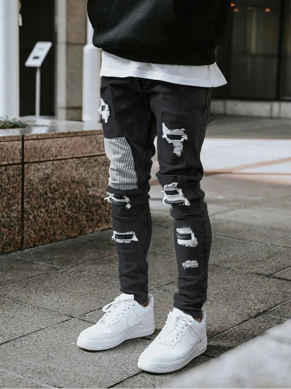 Ανδρικά Skinny Ripped Jeans Streetwear Fashion Beggar Patch Men Pencil Παντελόνι Γκρι/Μπλε λεπτό τζιν Παντελόνι Casual Jeans για άνδρες