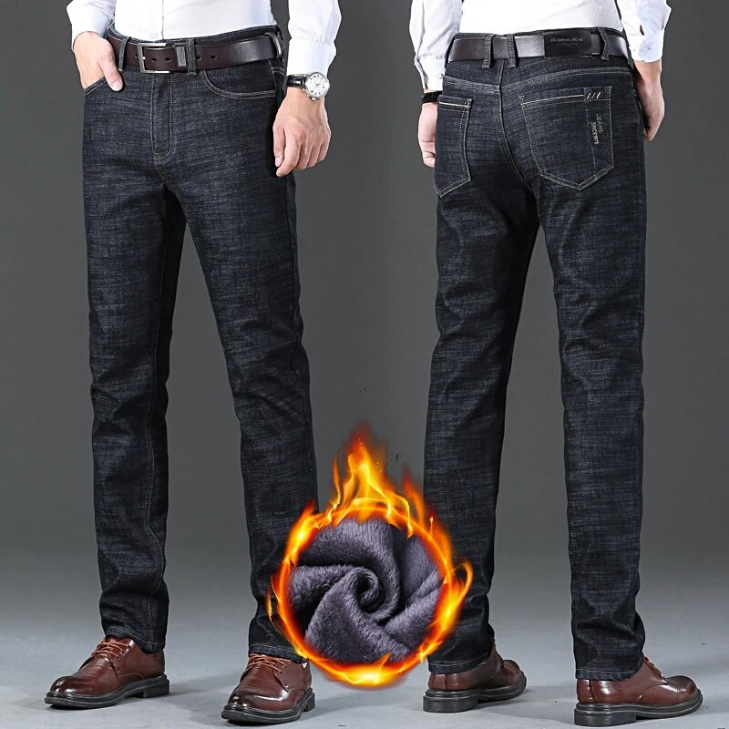 Klasikiniai vyriški, įprastiniai flisiniai džinsai Verslo mados laisvos laisvalaikio tamprios kelnės vyriškos prekės ženklo plius aksomu paminkštintos šiltos kelnės