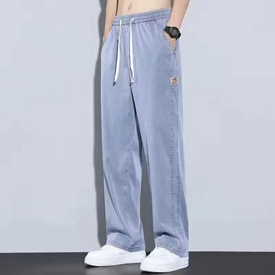 S-5XL 6Style, Ανδρικό φαρδύ τζιν Καλοκαιρινό μαλακό Lyocell λεπτό ύφασμα ίσιο παντελόνι με κορδόνι ελαστικό στη μέση Κορέα casual παντελόνι,Y2K