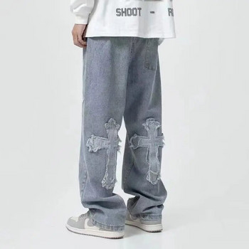 Streetwear Хип-хоп Ниска талия за мъже Корейски Y2k модни панталони Cross Denim Панталони Широки дънки Дамски карго панталони Пънк дрехи