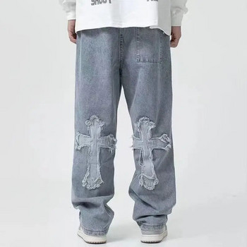 Streetwear Хип-хоп Ниска талия за мъже Корейски Y2k модни панталони Cross Denim Панталони Широки дънки Дамски карго панталони Пънк дрехи