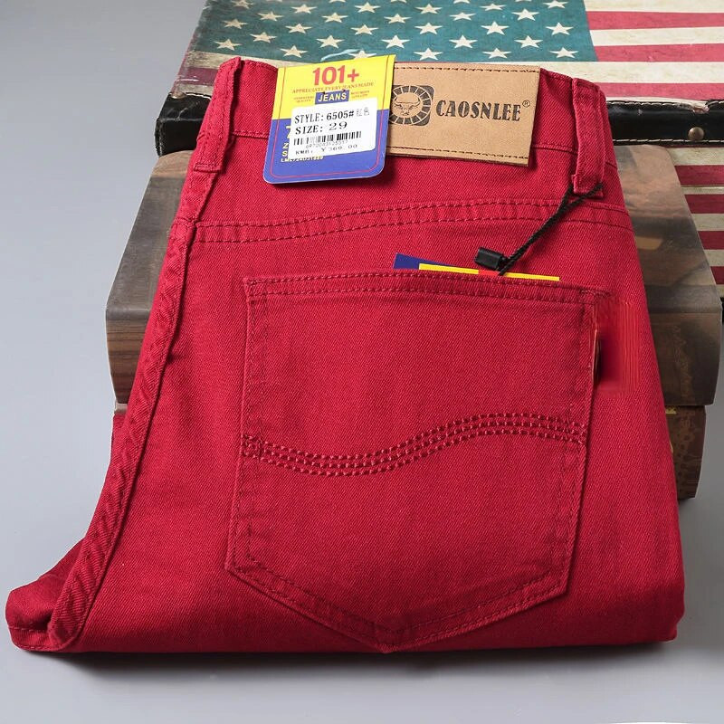 2023 Νέο φθινοπωρινό ανδρικό λεπτό τζιν κλασικό στιλ ίσιο βαμβακερό τζιν παντελόνι ανδρικό παντελόνι μάρκας κρασί κόκκινο μαύρο λευκό παντελόνι