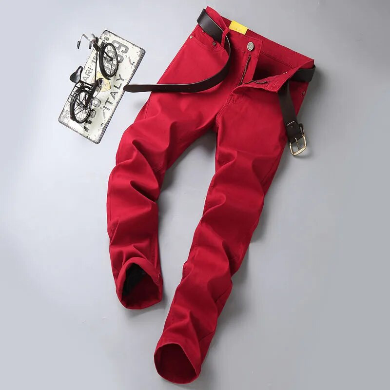 2023 Νέο φθινοπωρινό ανδρικό λεπτό τζιν κλασικό στιλ ίσιο βαμβακερό τζιν παντελόνι ανδρικό παντελόνι μάρκας κρασί κόκκινο μαύρο λευκό παντελόνι