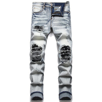 Ανδρικά σκασμένα μπλε πλισέ μπάλωμα Ποδηλάτης Τζιν Streetwear Τρύπες Σκισμένα ταλαιπωρημένα συνονθύλευμα Stretch τζιν παντελόνι Slim skinny παντελόνι