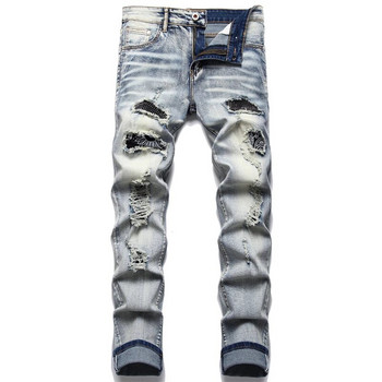 Мъжки напукани сини плисирани кръпки Biker Jeans Улично облекло Скъсани дупки Разкъсани пачуърк еластични дънкови панталони Тесни тесни панталони