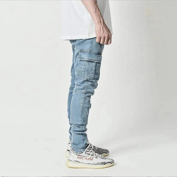 Τζιν ανδρικό παντελόνι λούσιμο Μονόχρωμο τζιν με πολλές τσέπες τζιν στη μέση Cargo Jeans Plus Size Fahsion Casual Παντελόνι Ανδρικό καθημερινό